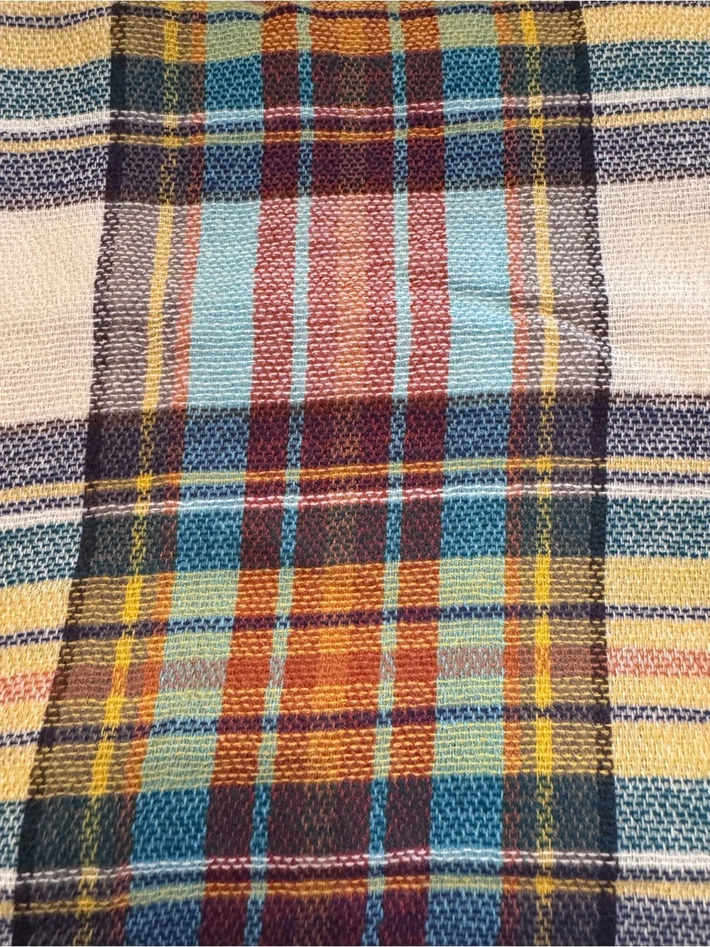 Plaid Fringe Blanket Scarf in Cream, Teal & Rust